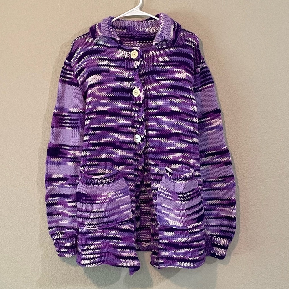 Vtg Handmade purple Striped Knit Button-Up Women's Sweater